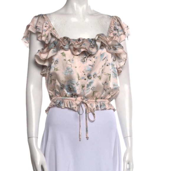 LoveShackFancy Mia Ruffled Lace Crop Top Pink Purple Cream Cinch 100% Silk XS - Picture 3 of 11